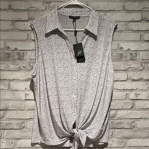 Adrianna Papell White Sleeveless Tie-Front Blouse with Black Dot Print XL